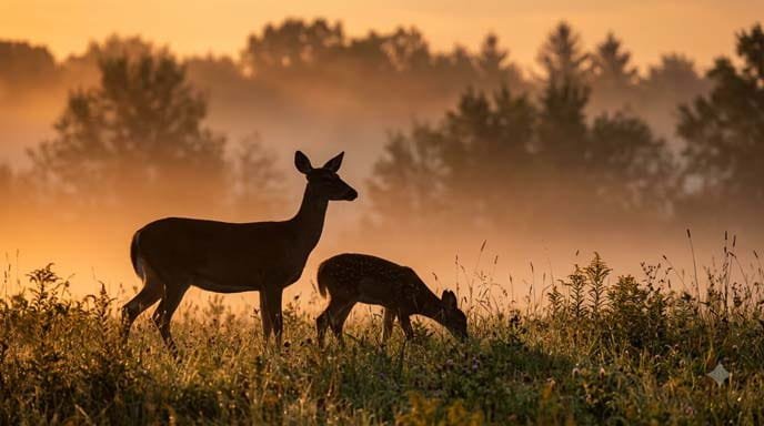 Doe and Fawn Feeding at Dawn - Morning Feed Behavior