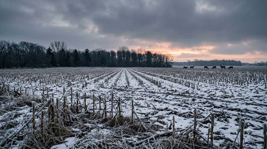 Deer grazing in a snow-dusted cornfield during late season