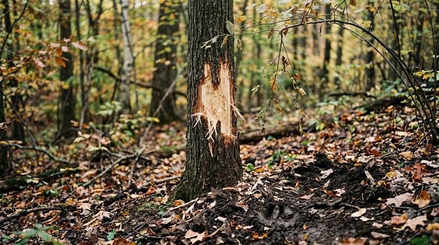 Fresh deer rub on tree trunk near a scrape