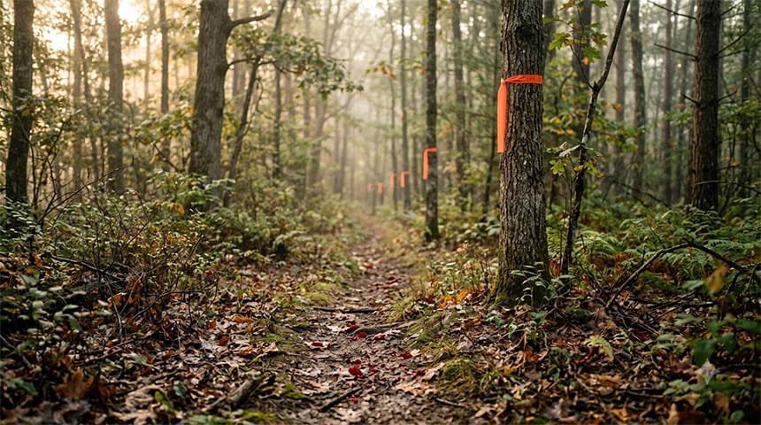 Flagging Tape Trail Through Forest