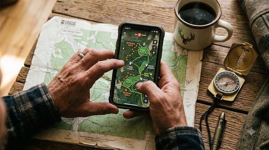 Hands holding hunting map app for e-scouting deer