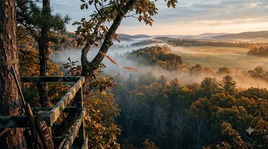 Morning mist drifting over a wooded ridge showing wind direction