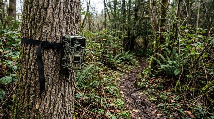 Trail camera strapped to tree at a game trail pinch point