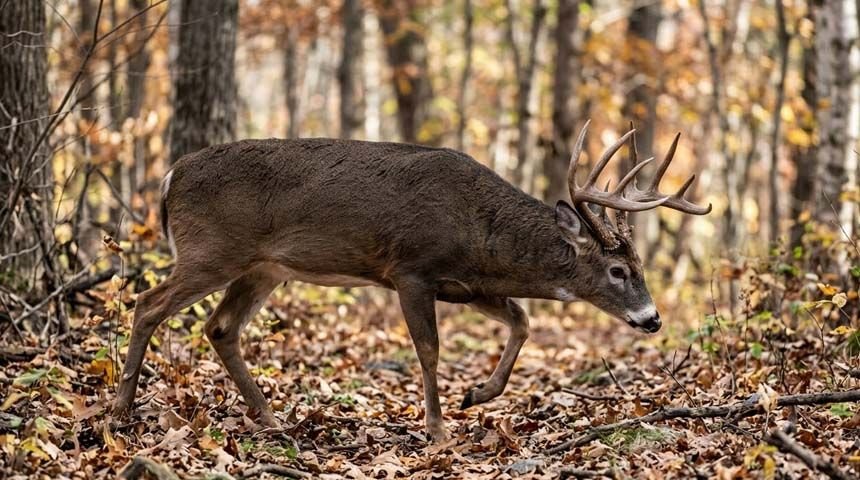 Whitetail buck cruising through the woods at midday