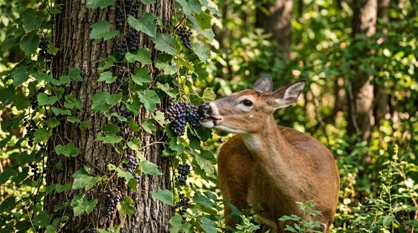 Whitetail deer browsing wild grapes