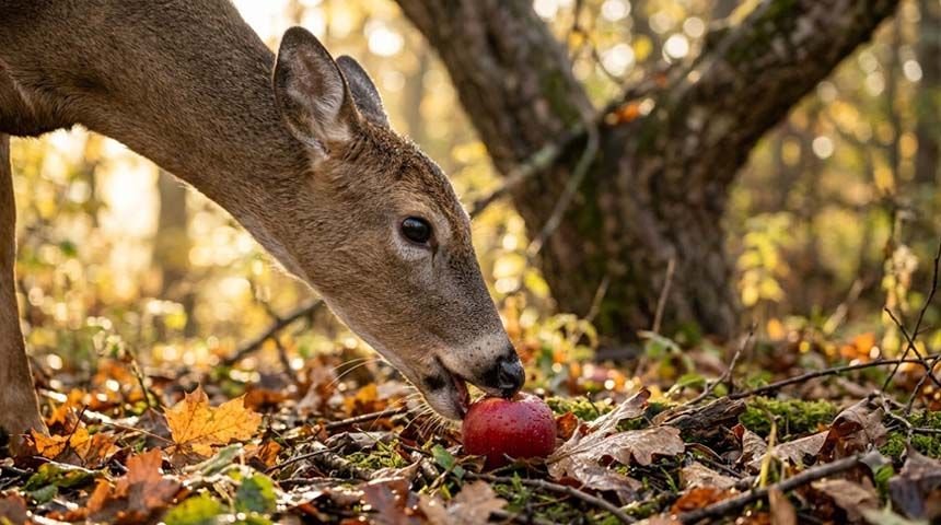 Whitetail deer eating a fallen apple