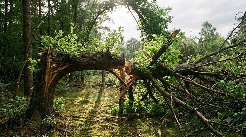 Hinge-cut tree in forest clearing