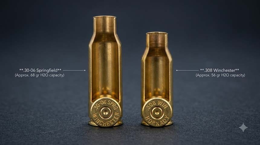 Close-up comparison of 30-06 and 308 cartridge cases showing internal volume difference