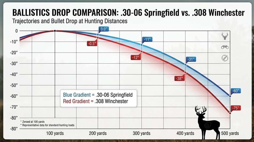 Ballistics trajectory comparison chart showing 30-06 flatter trajectory vs 308 Winchester drop at distance