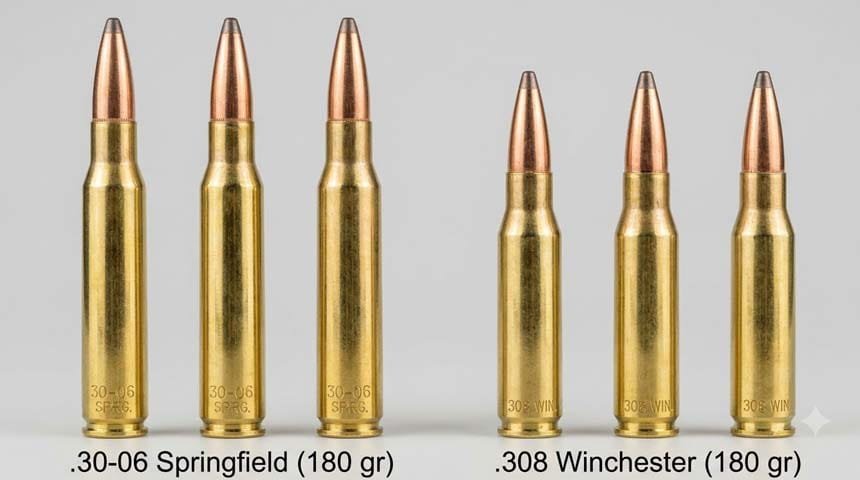Side-by-side comparison of 30-06 and 308 cartridges lined up showing clear height and length difference
