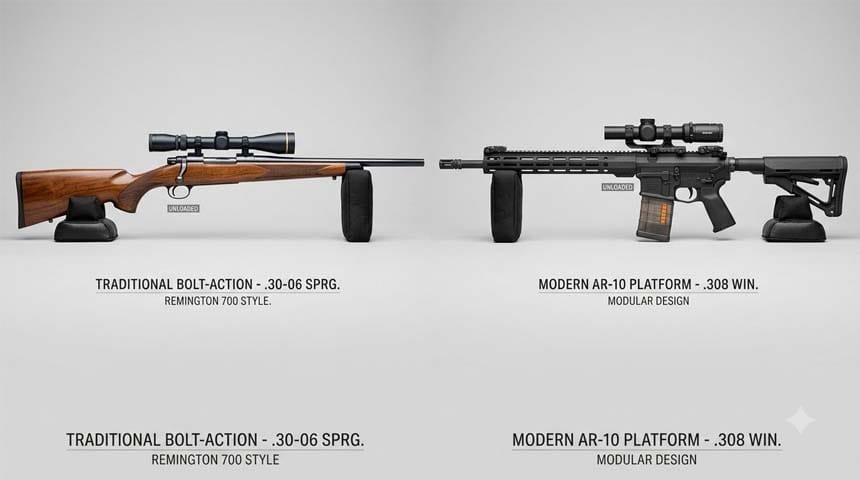 Classic bolt-action spring rifle 30-06 vs modern AR-10 308 Winchester hunting rifle comparison