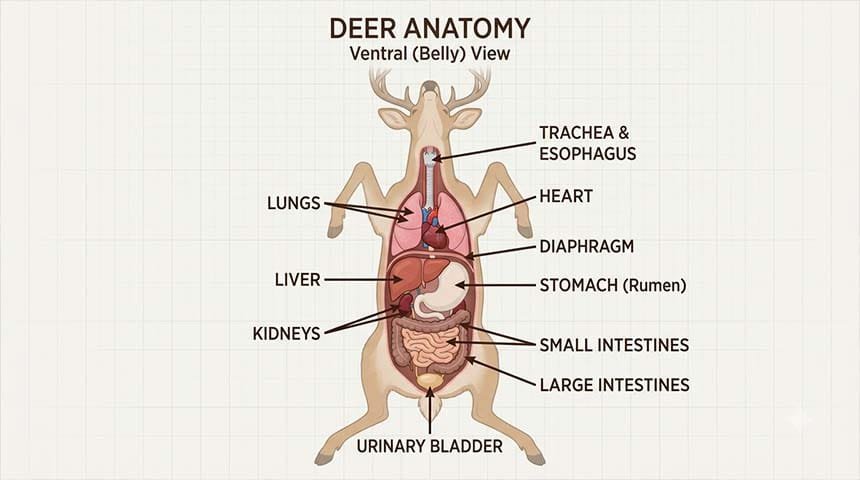 Detailed diagram of deer internal organs with labels showing exact locations