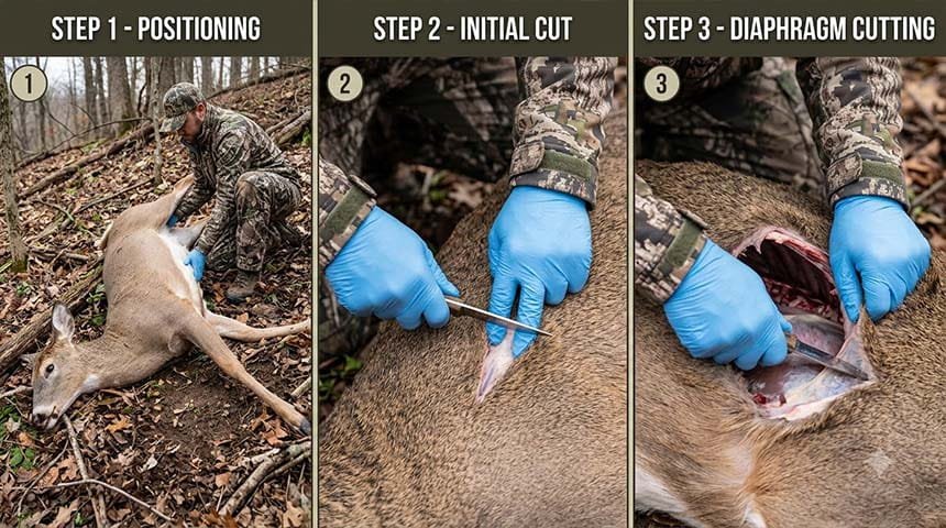 Steps 1-3 showing positioning, initial cut, and diaphragm cutting