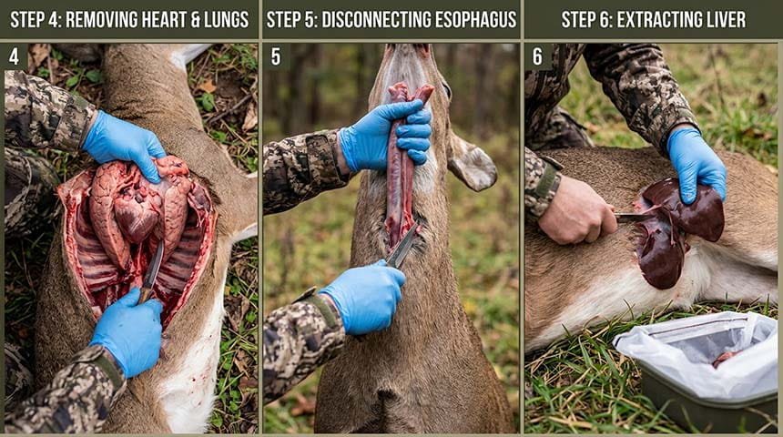 Steps 4-6 showing removal of lungs, heart, esophagus, and liver