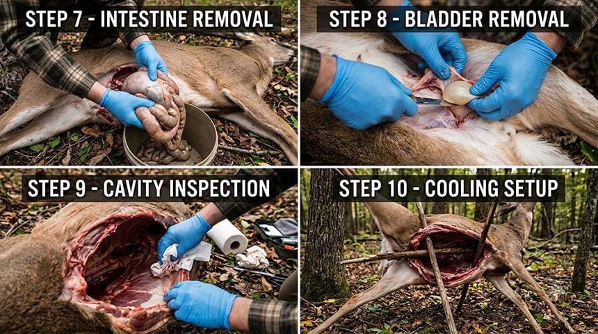 Steps 7-10 showing intestine removal, bladder removal, cavity cleaning, and cooling