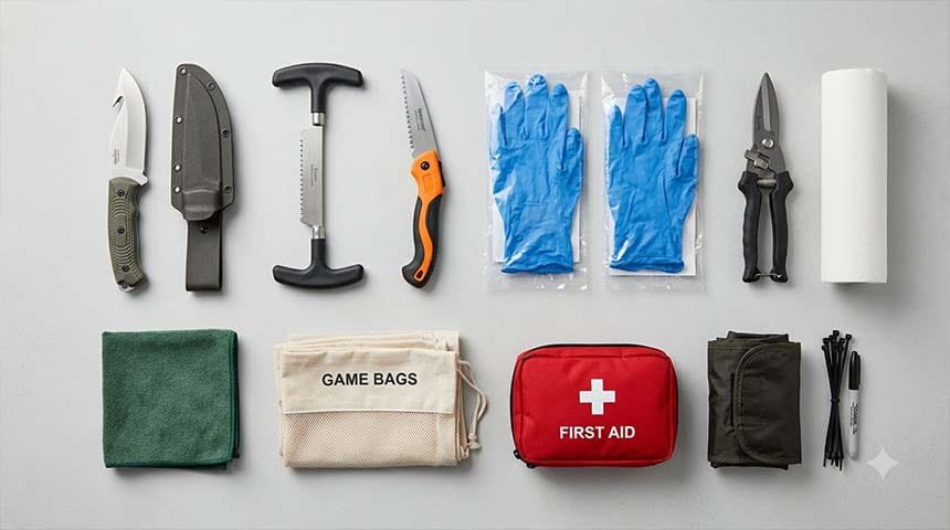 Organized layout of all essential field dressing tools