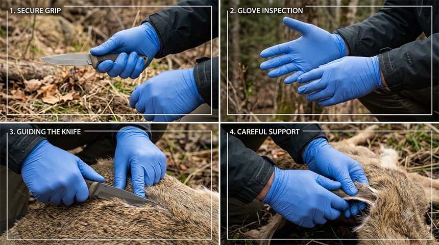Correct way to put on and wear protective gloves during field dressing