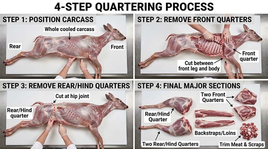 Step-by-step images showing how to quarter a deer carcass into sections