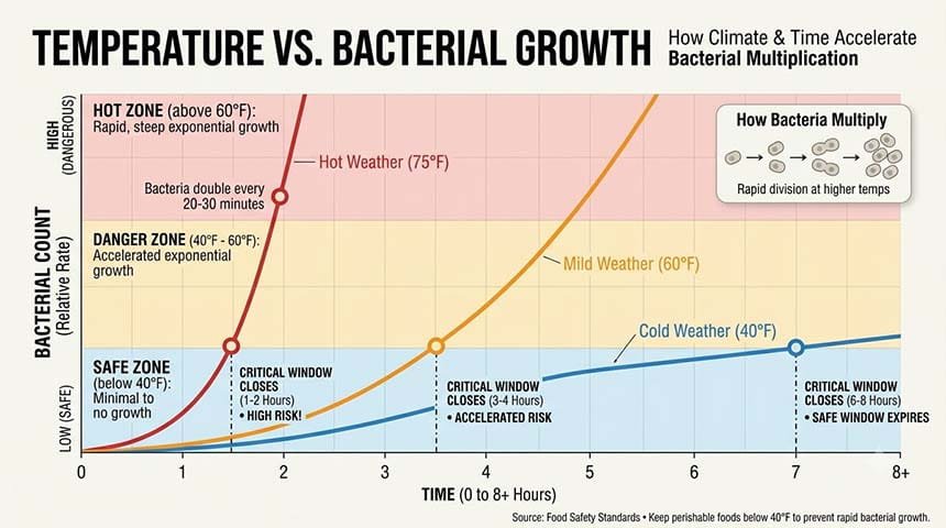 Temperature chart showing bacterial growth over time and safe cooling windows